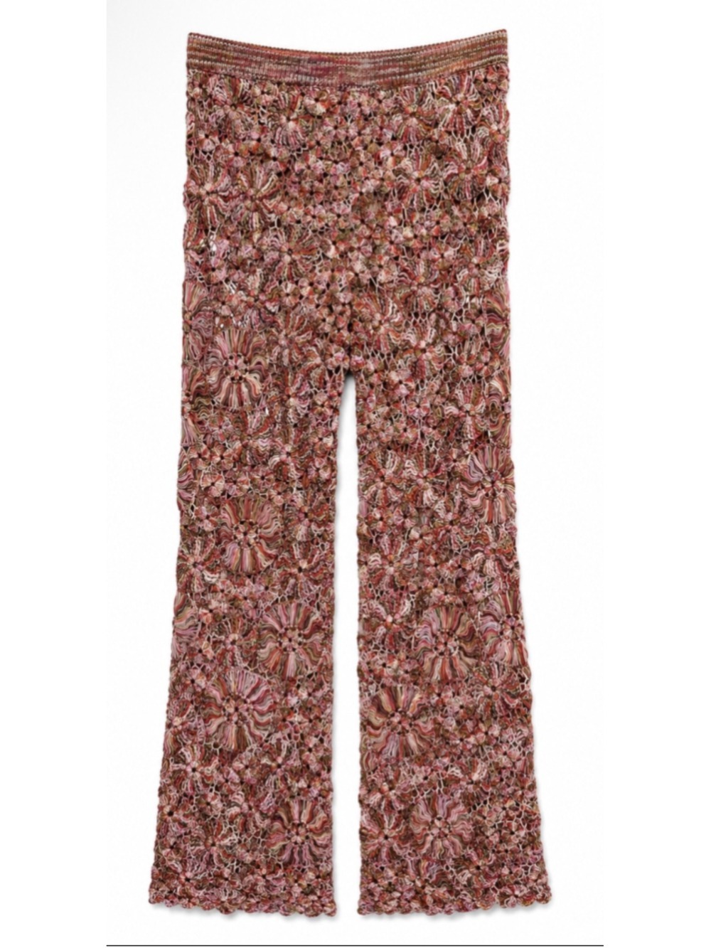 The Elder Statesman Crochet Flare Pants, Size S, Red/Brown